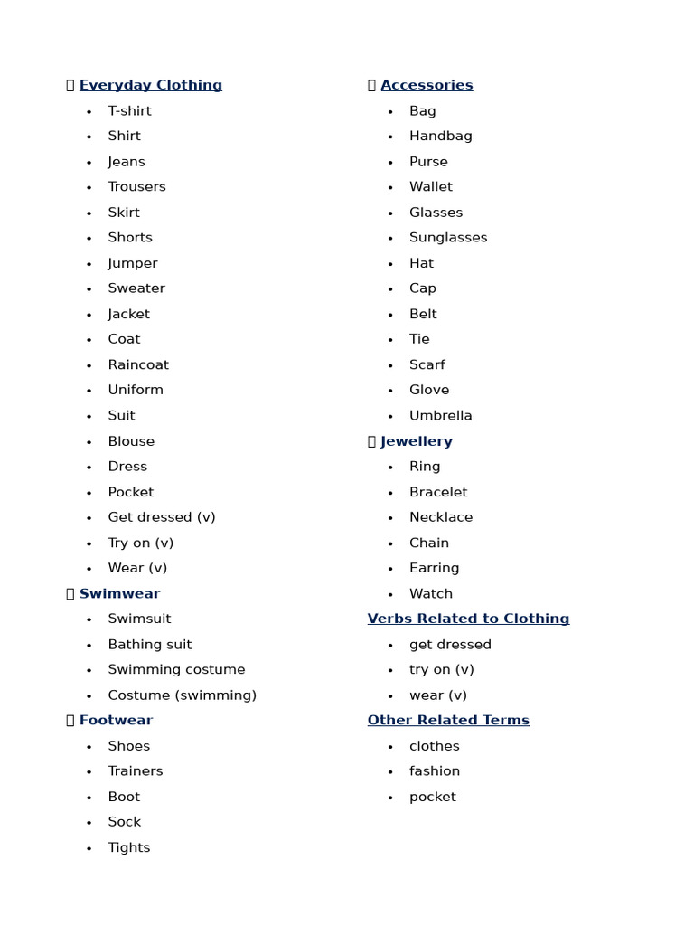 A2 Clothing Vocabulary Guide | PDF
