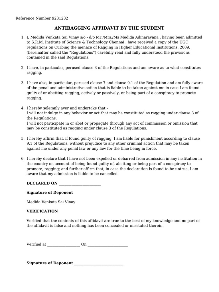 SRM Anti-Ragging Affidavit Form | PDF | Affidavit