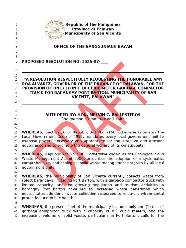 Proposed Resolution No. 2025-07 - (Garbage Compactor Truck) | PDF ...