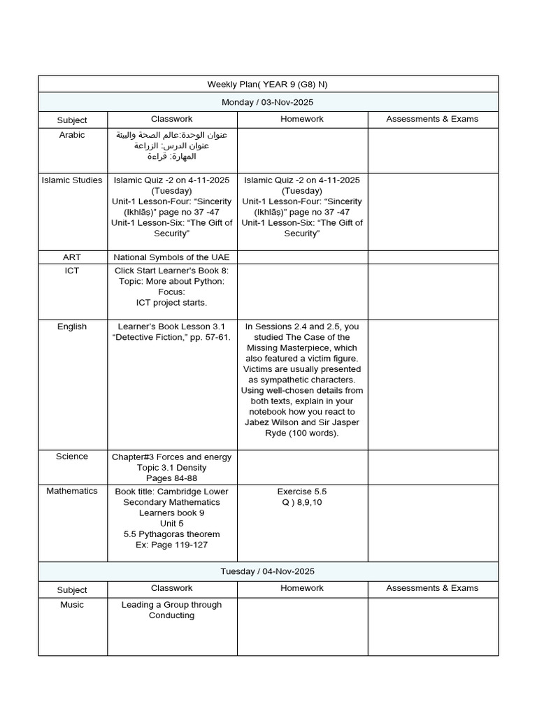 Year 9 Weekly Study Plan | PDF