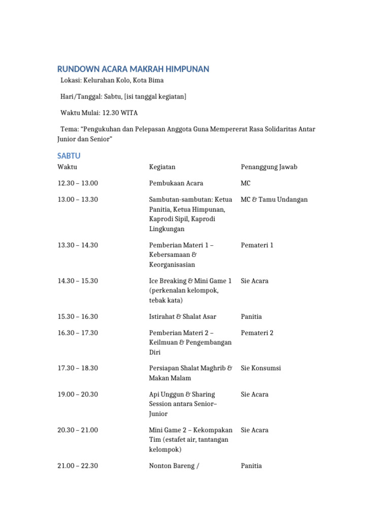 Rundown Acara Makrah Himpunan Bima | PDF