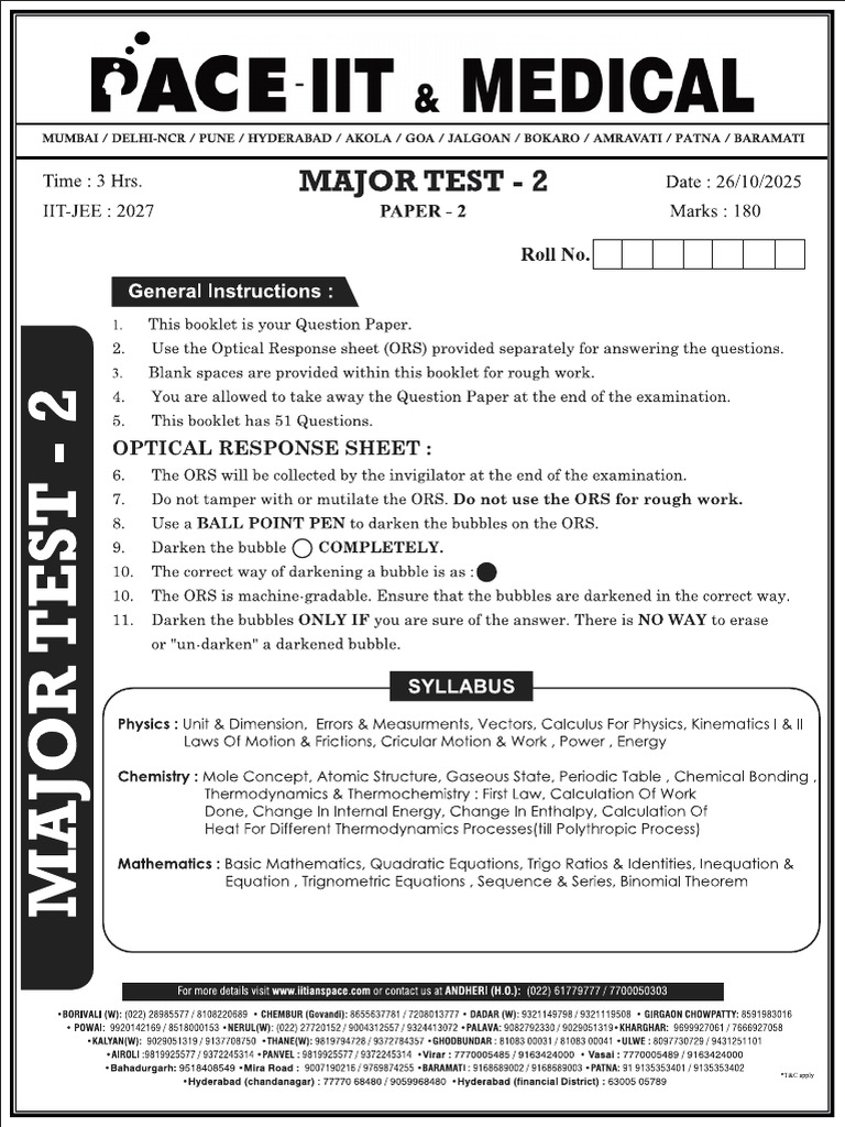 Major Test - 2 (Advanced-P2) QP - DT. 26-10-2025 | PDF | Stoichiometry ...