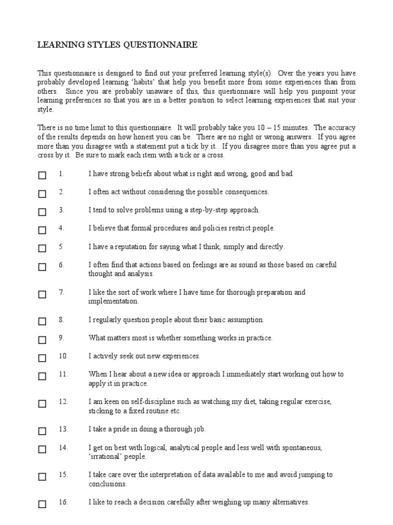 Learning Styles Assessment Questionnaire | PDF | Thought | Logic