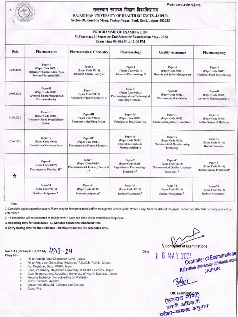 Time Table of B & D Pharmacy Exm May 2024 | PDF