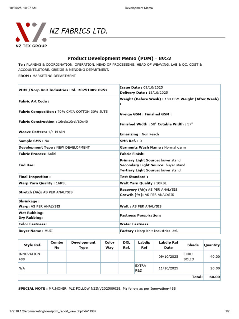 NZ Fabrics Product Development Memo | PDF | Textiles | Knitting
