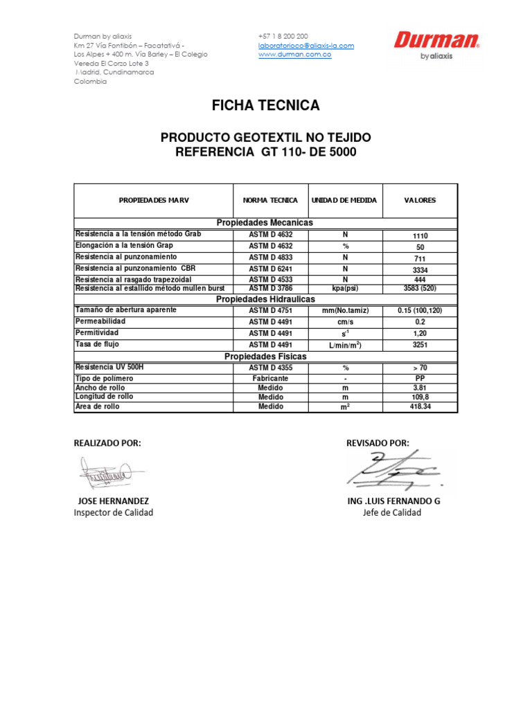 Ficha Técnica Geotextil GT 110-5000 | PDF