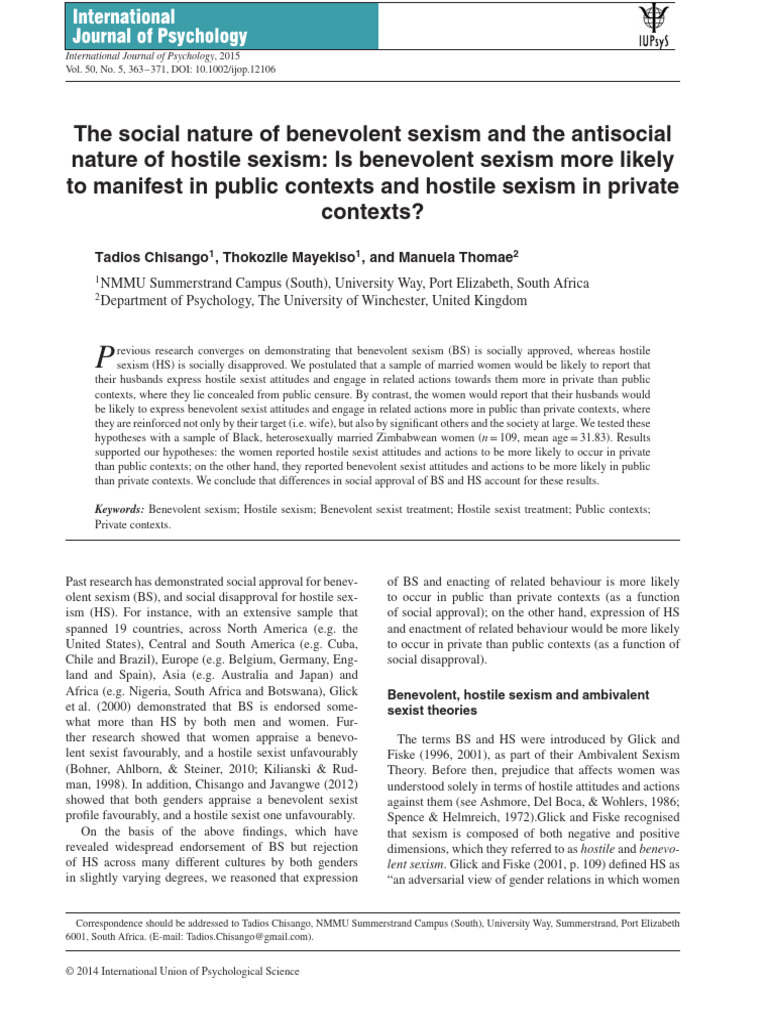 The Social Nature of Benevolent Sexism and The Antisocial | PDF ...