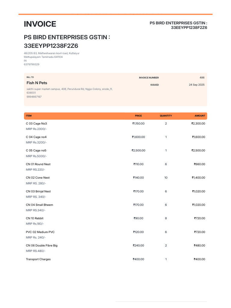 Invoice for Bird Supplies Purchase | PDF