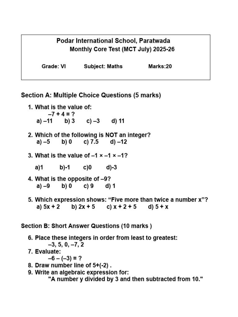 Maths Monthly Test for Grade VI 2025-26 | PDF