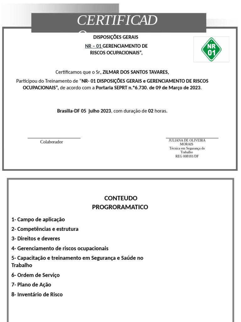 CERTIFICADO NR 01(1) | PDF