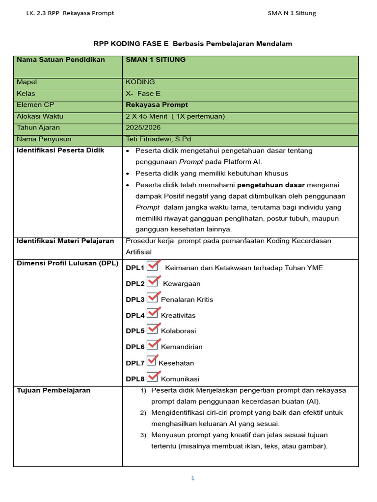 RPP Koding Fase E: Rekayasa Prompt AI | PDF