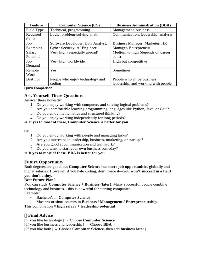 BBA vs Computer Science: Career Insights | PDF