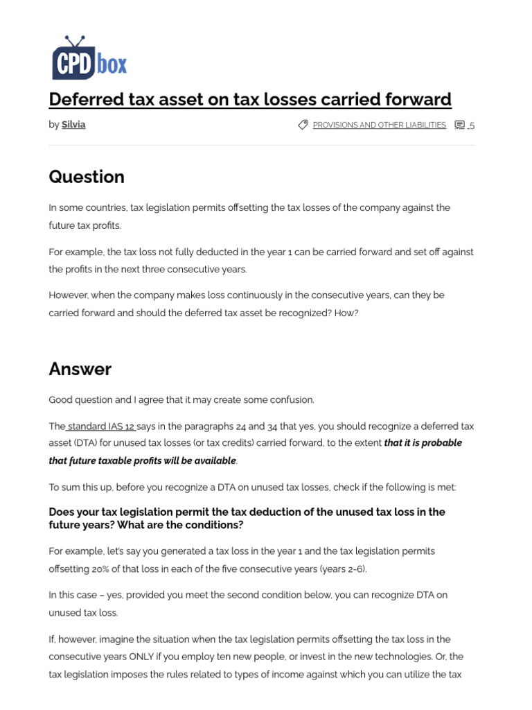 Deferred Tax Assets on Tax Losses Explained | PDF | Deferred Tax | Taxes