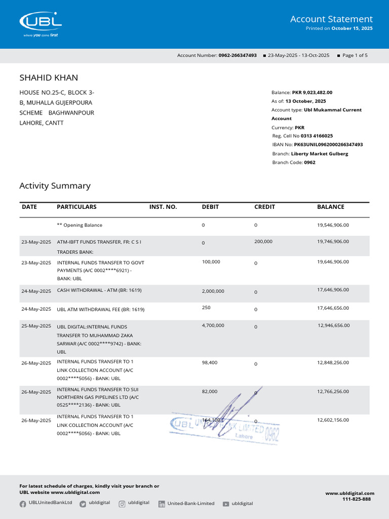 UBL Account Statement Summary 2025 | PDF | Cheque | Banks