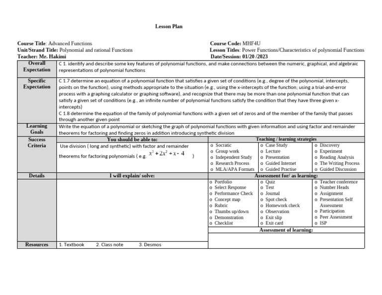 Polynomial Functions Lesson Plan | PDF | Polynomial | Function ...
