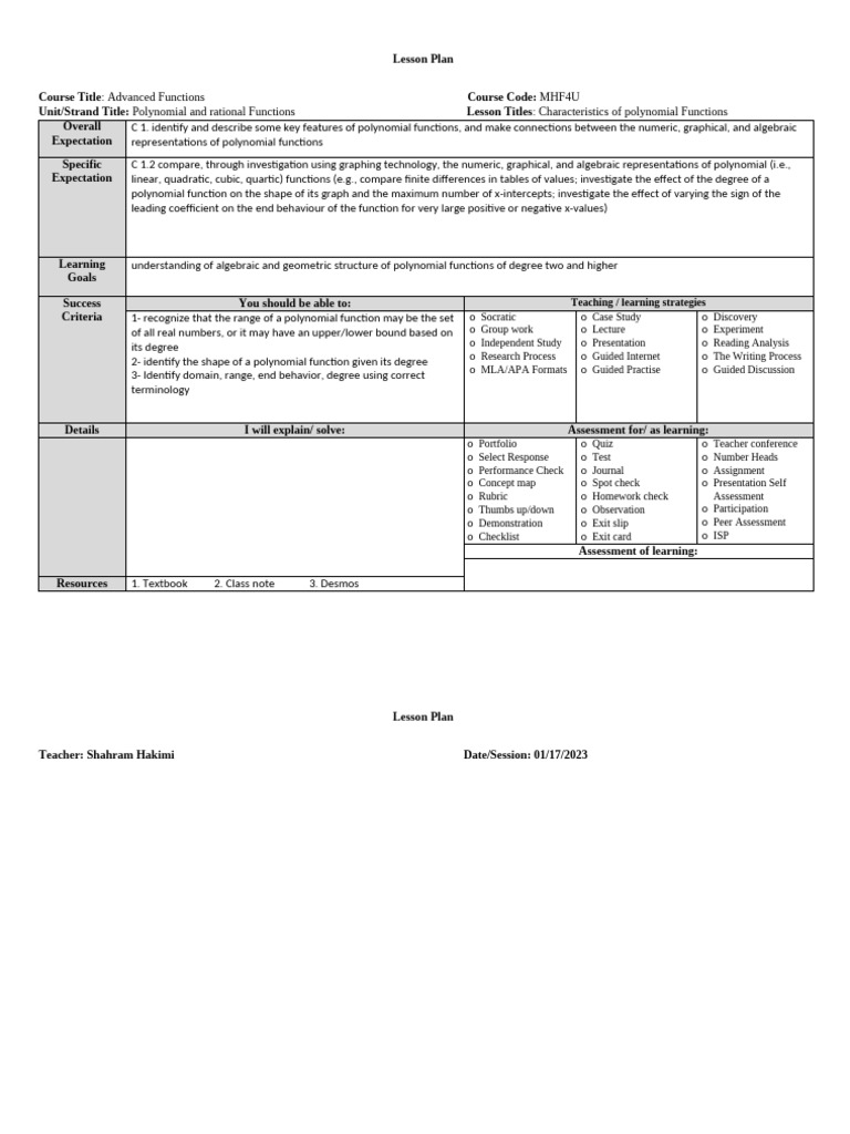 2 MHF4U Lesson Plans Jan17 | PDF | Polynomial | Function (Mathematics)