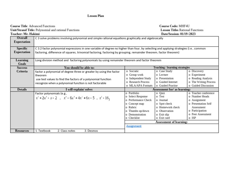 4 MHF4U Lesson Plans Jan19 | PDF | Polynomial | Factorization
