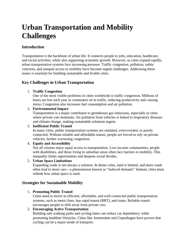 Urban Transportation Challenges & Solutions | PDF | Public Transport ...
