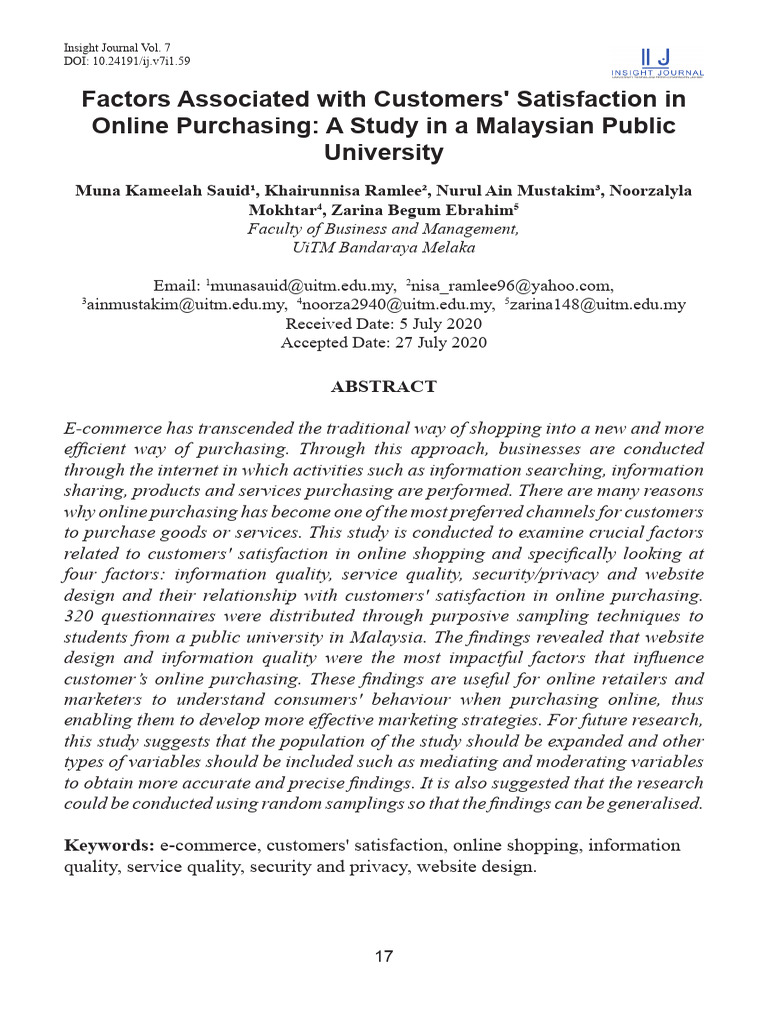 Factors Associated With Customers Satisfaction in Online Purchasing A ...