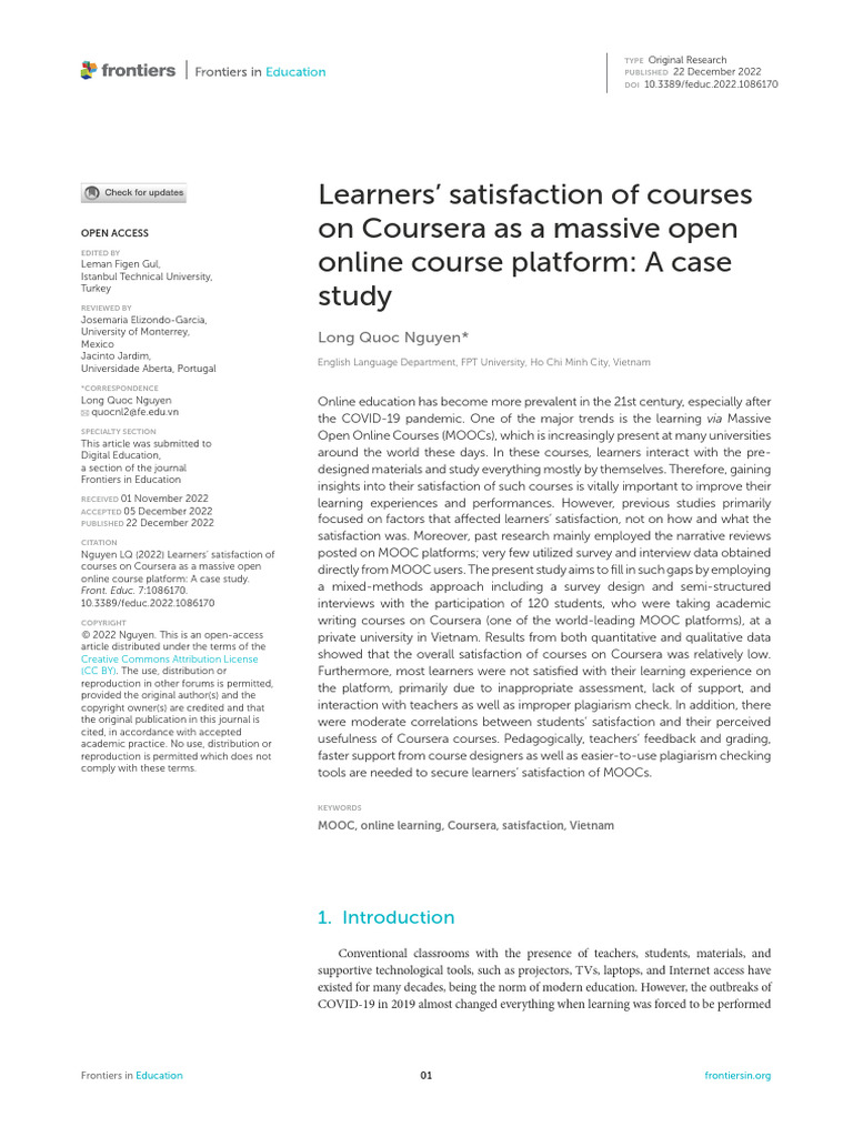 Learners' Satisfaction of Courses On Coursera As A Massive Open Online ...