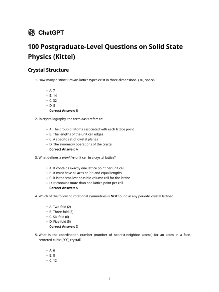 100 Postgraduate-Level Questions On Solid State Physics (Kittel) | PDF ...