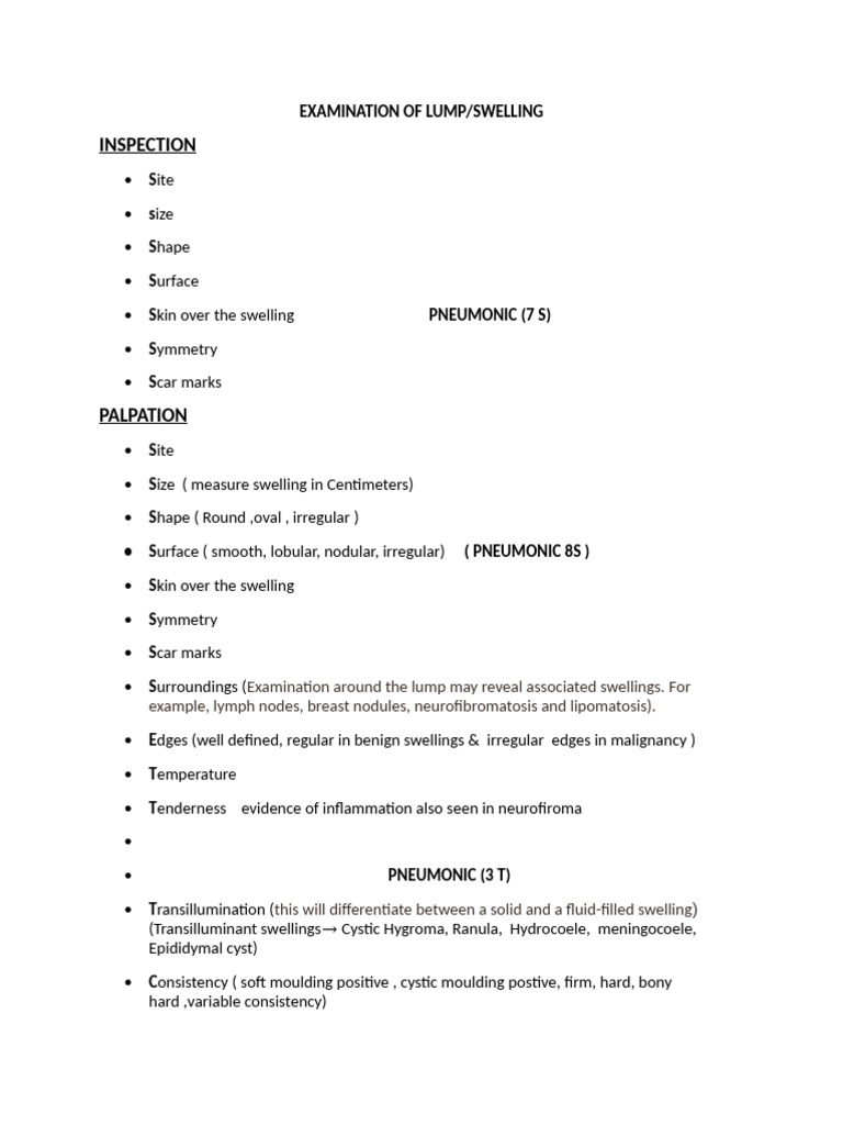 Lumps and Swellings Examination Guide | PDF | Edema | Blood Pressure