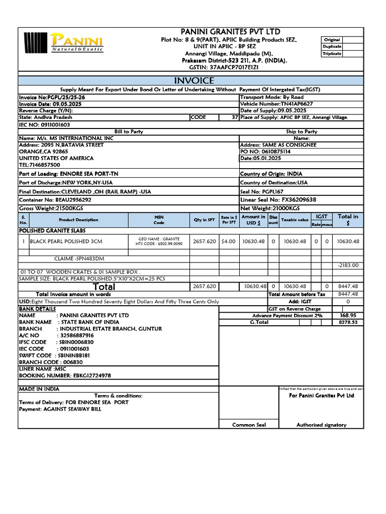 Export Invoice for Polished Granite Slabs | PDF | Government Finances ...