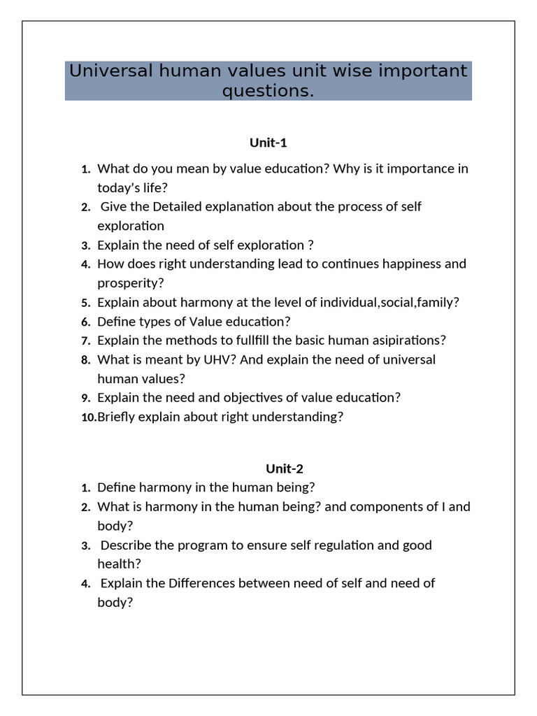 5 Units of Universal Human Values Unit Wise Important Questions | PDF ...