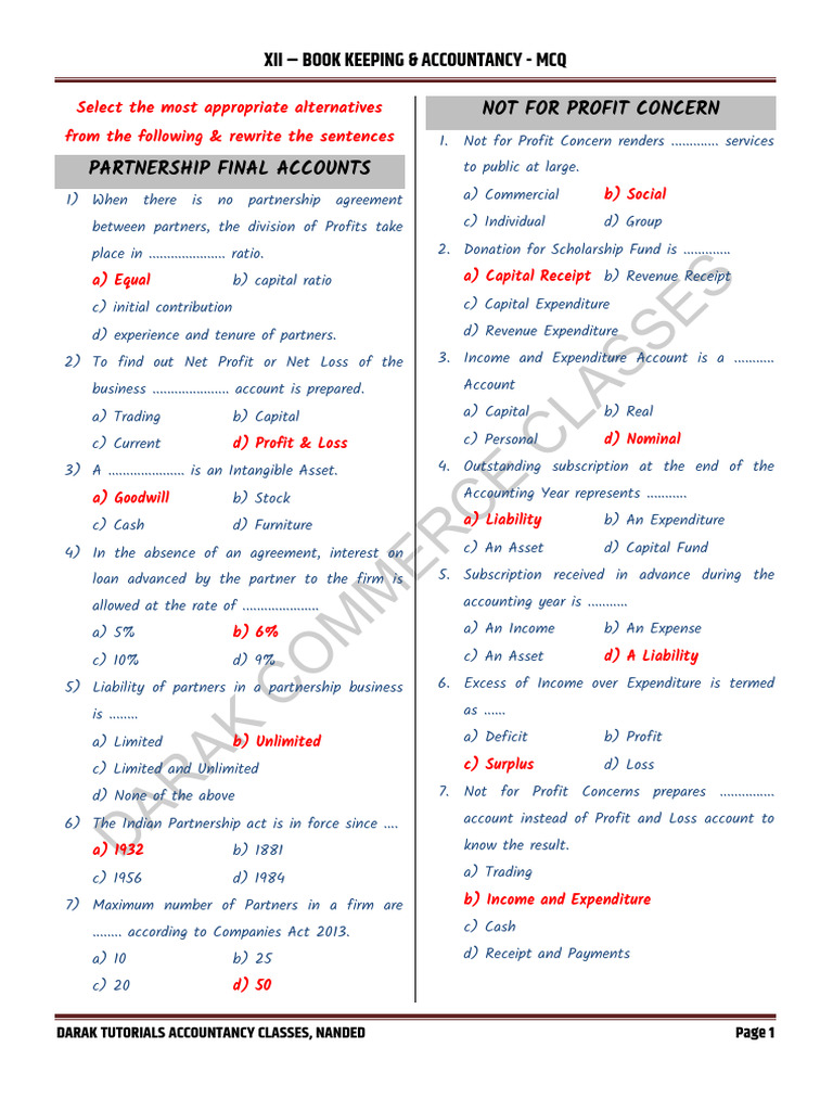 Bookkeeping & Accountancy MCQs for XII | PDF | Debits And Credits | Expense