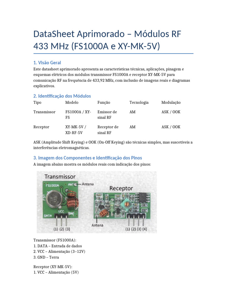 Módulos RF 433 MHz: FS1000A e XY-MK-5V | PDF | Transmissor | Antena (rádio)