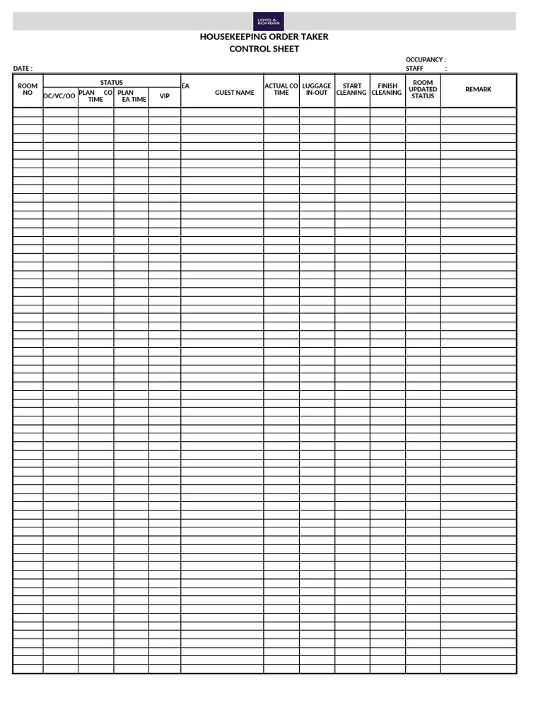 Daily Housekeeping Control Sheet | PDF | Hygiene