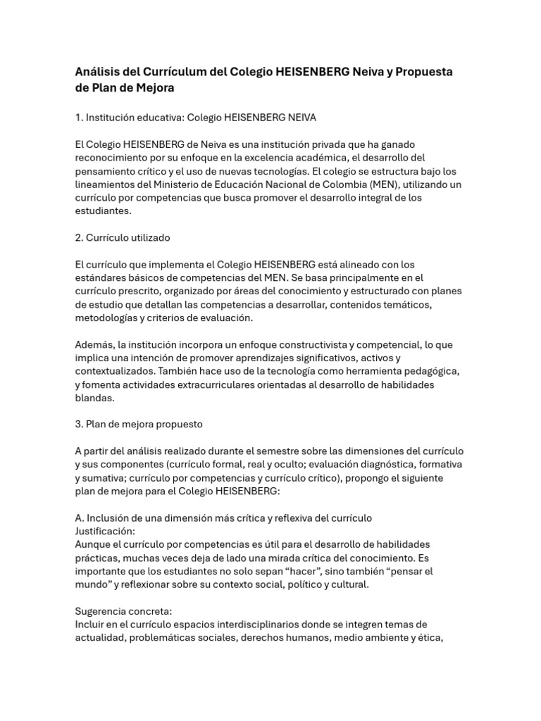 Propuesta de Mejora Curricular HEISENBERG | PDF | Plan de estudios ...
