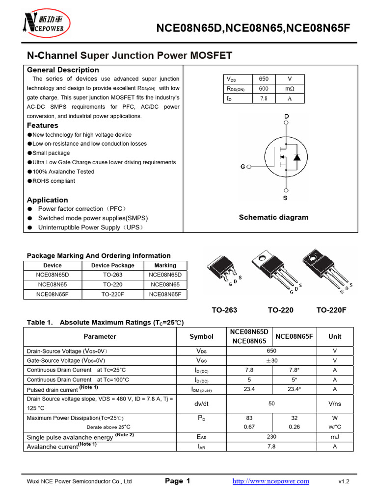 NCE08N65 | PDF | Diode | Field Effect Transistor