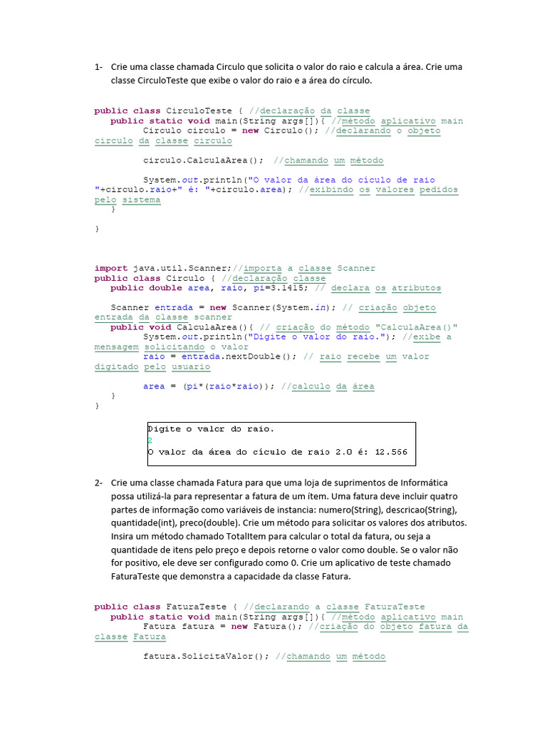 Classes Java para Cálculo e Faturas | PDF | Classe (programação de ...
