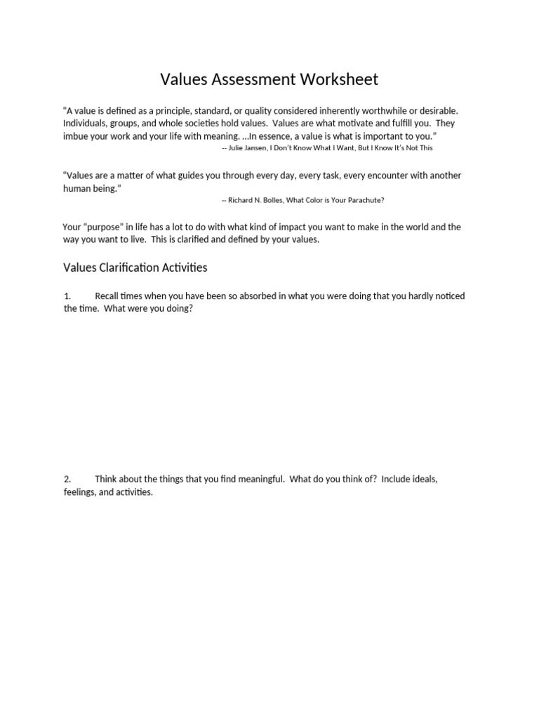 Values Assessment Worksheet | PDF | Value (Ethics) | Happiness