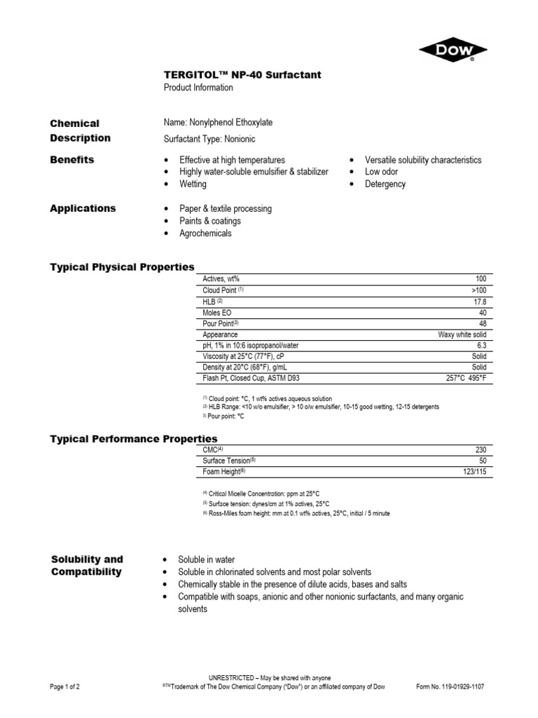 Tergitol NP-40 Surfactant Overview | PDF | Solubility | Surfactant