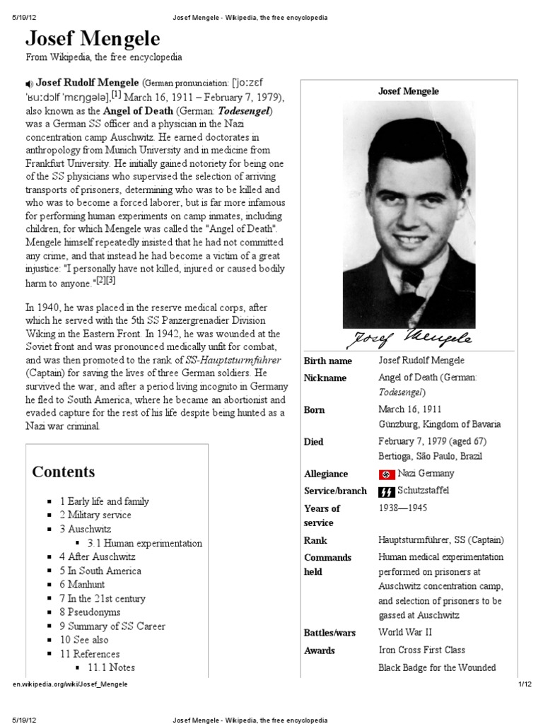 Josef Mengele - Wikipedia, The Free Encyclopedia | PDF | Auschwitz ...