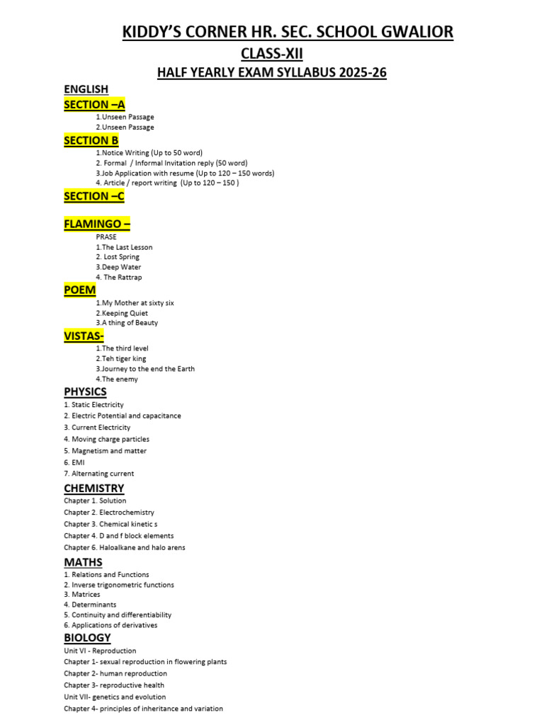 Xii Syllabus Half Yearly Exam 2025-26 | PDF