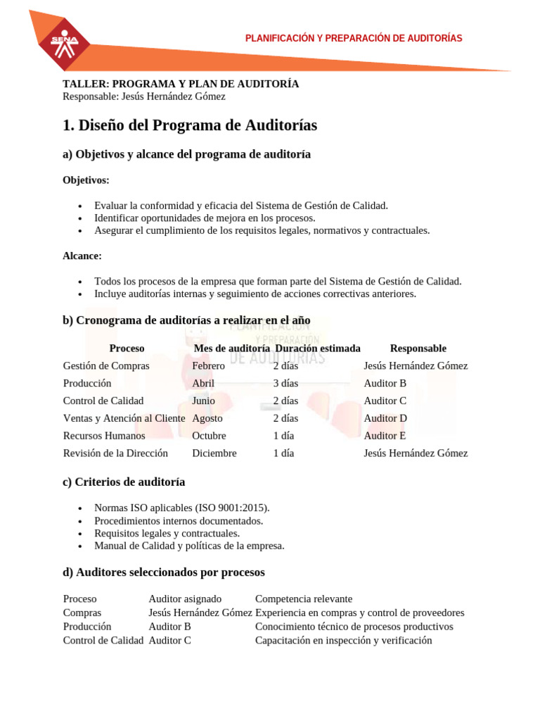 Taller Programa y Plan de Auditoria | PDF | Sistema de manejo de ...