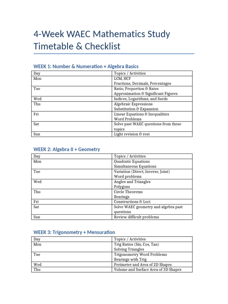 WAEC Math Study Plan: 4-Week Guide | PDF | Trigonometry | Area