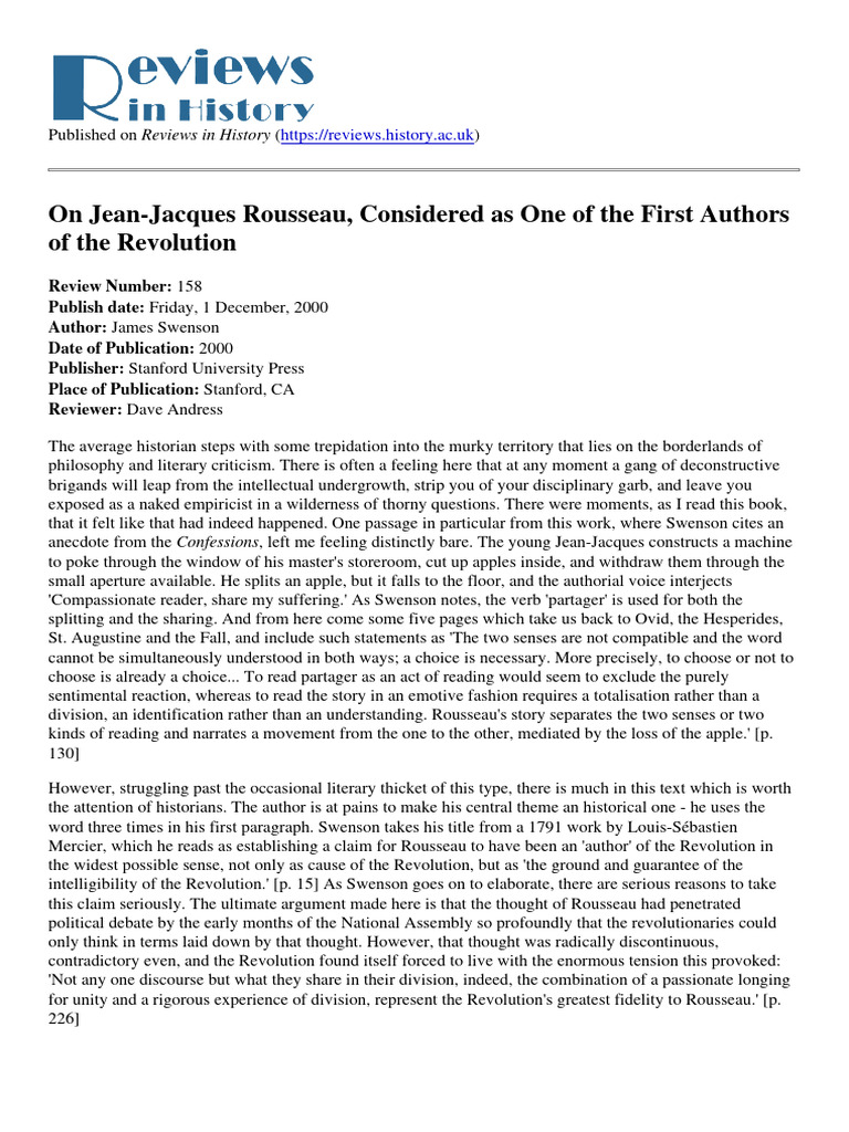 Rousseau: Author of the Revolution | PDF | Jean Jacques Rousseau | Reason