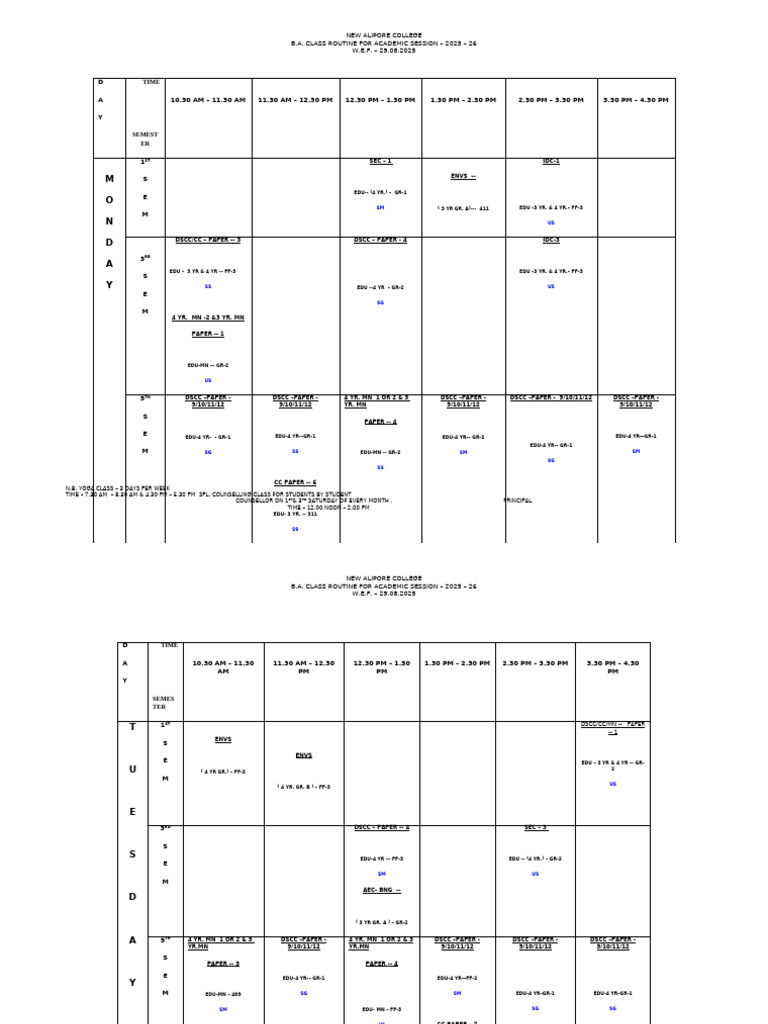 Edu 2025 Odd Semester Master Routine For Teacher Day Wise | PDF ...