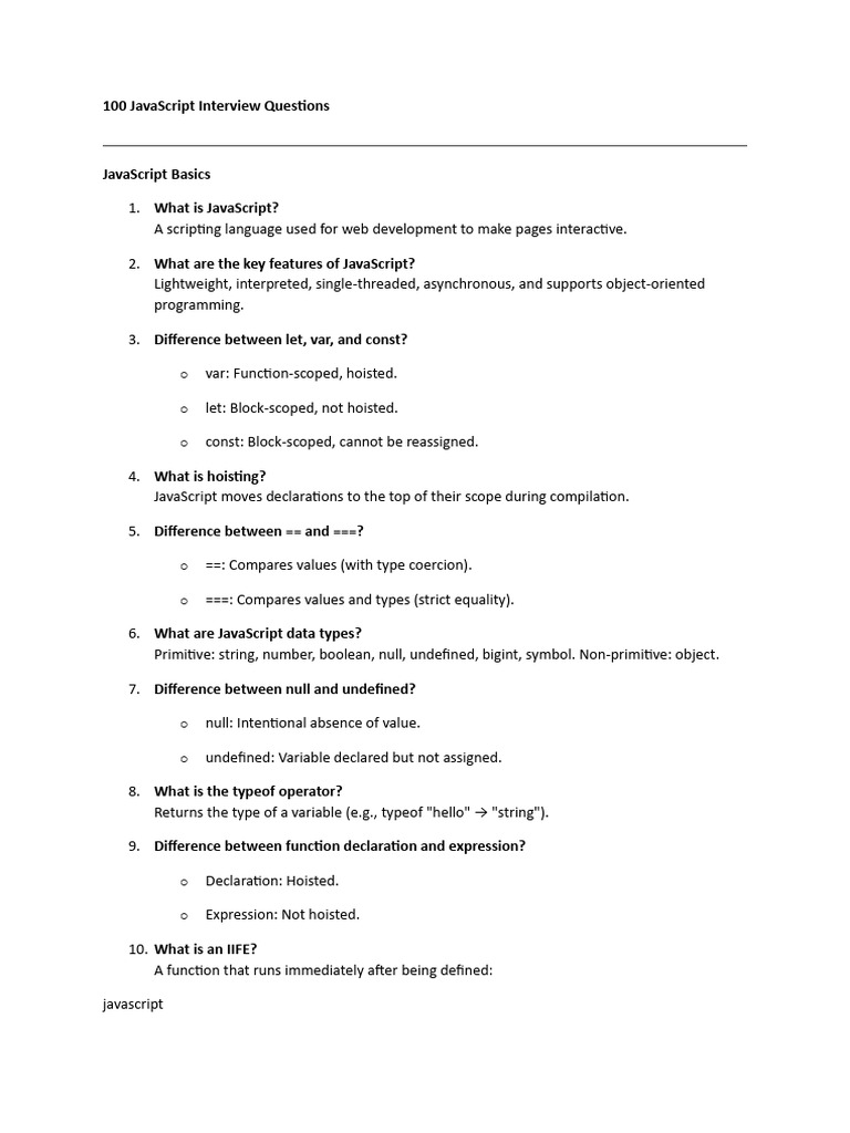 100 Essential JavaScript Interview Questions | PDF | Java Script ...