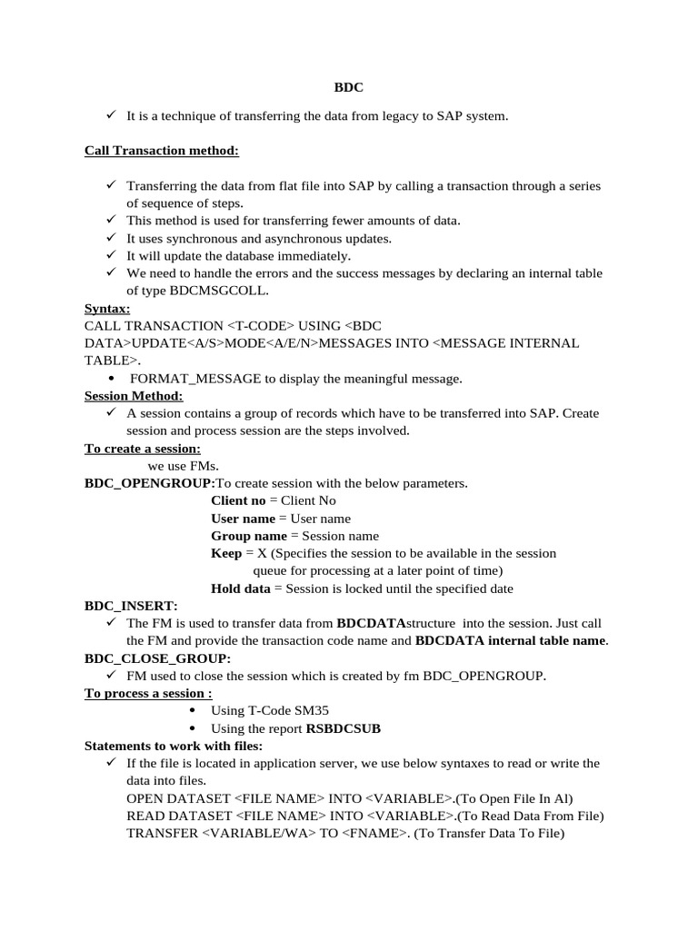 SAP BDC Data Transfer Methods Guide | PDF | Database Transaction ...
