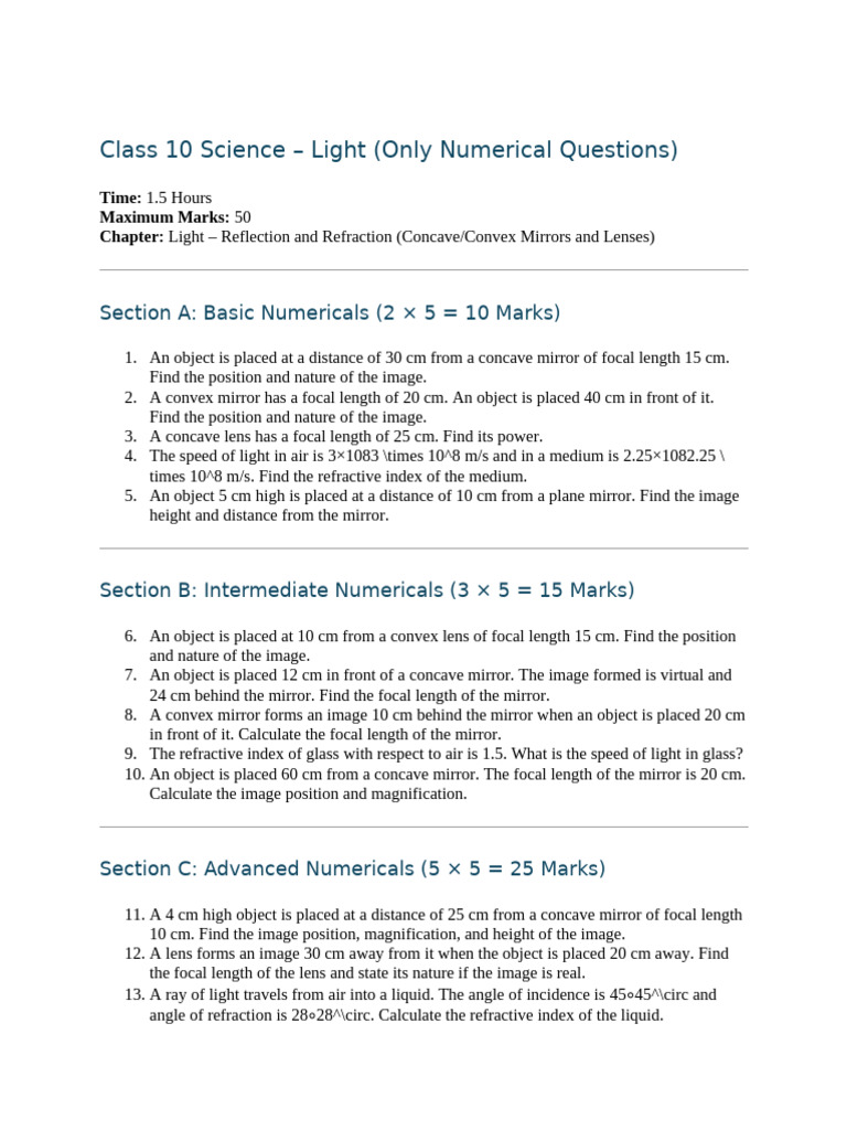 Class 10 Science - Light (Only Numerical Questions) : Section A: Basic ...