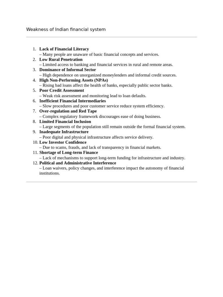 Weaknesses of India's Financial System | PDF