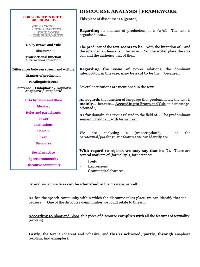 Discourse Analysis Framework Overview | PDF | Discourse | Semantics
