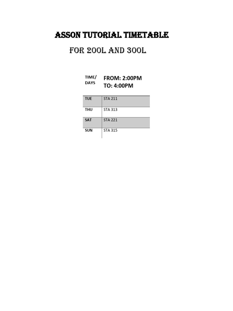 Asson Tutorial Schedule for 200L/300L | PDF
