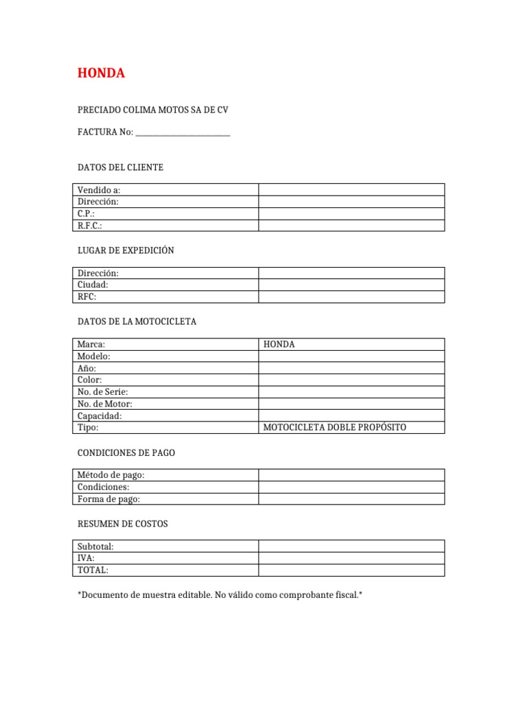 Factura de Motocicleta Honda | PDF