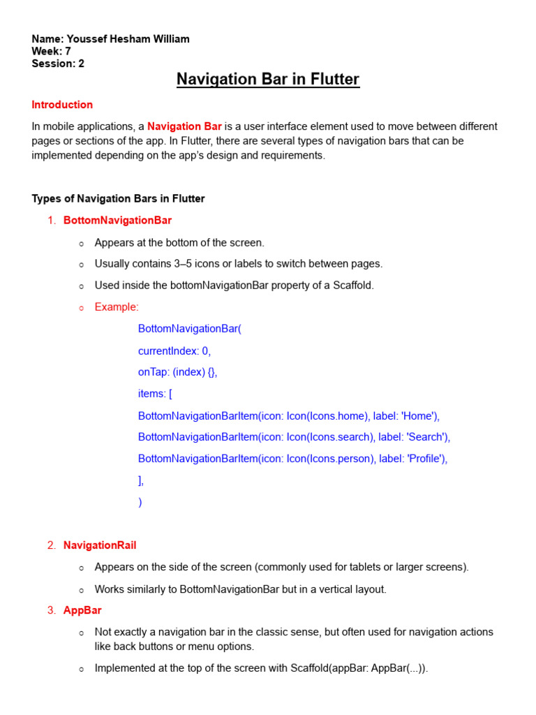 Flutter Navigation Bar Overview | PDF